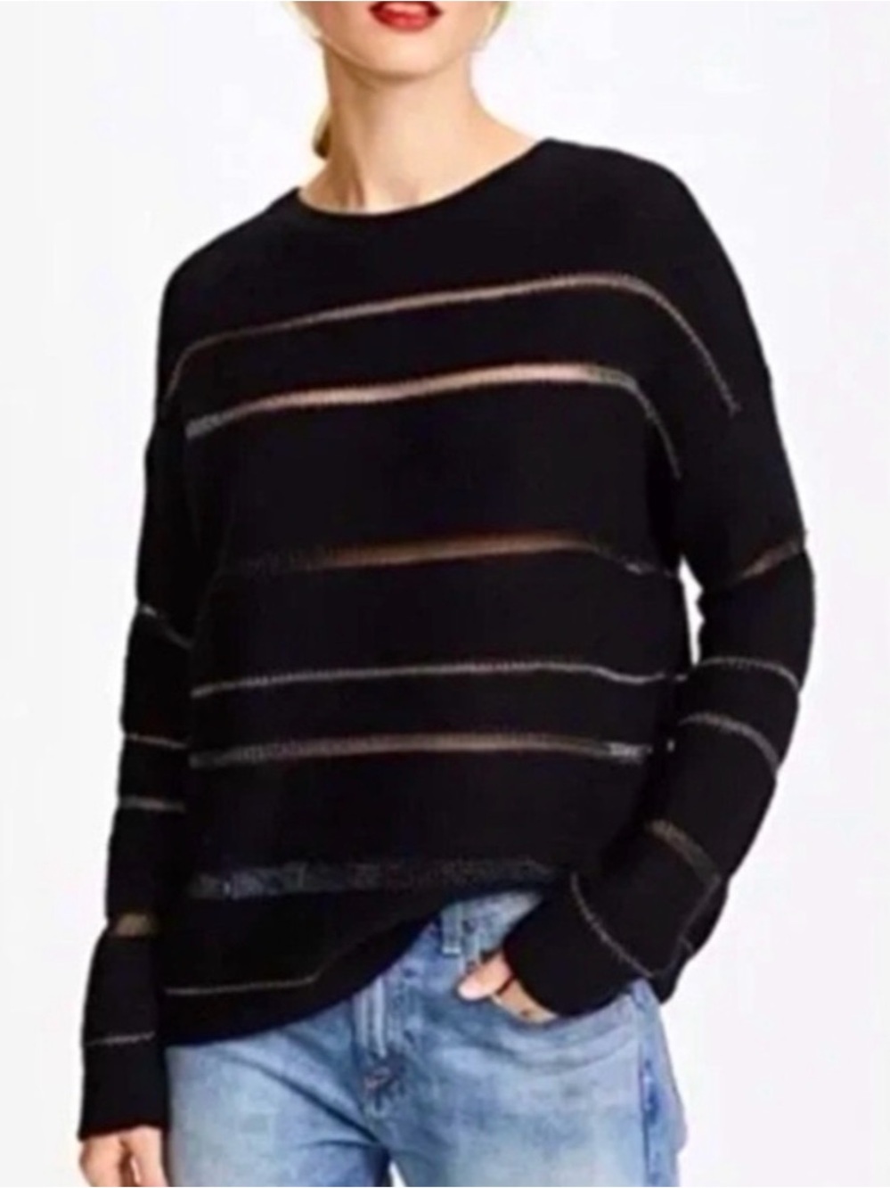 Rails Black Sheer Chain Striped Crewneck Sweater